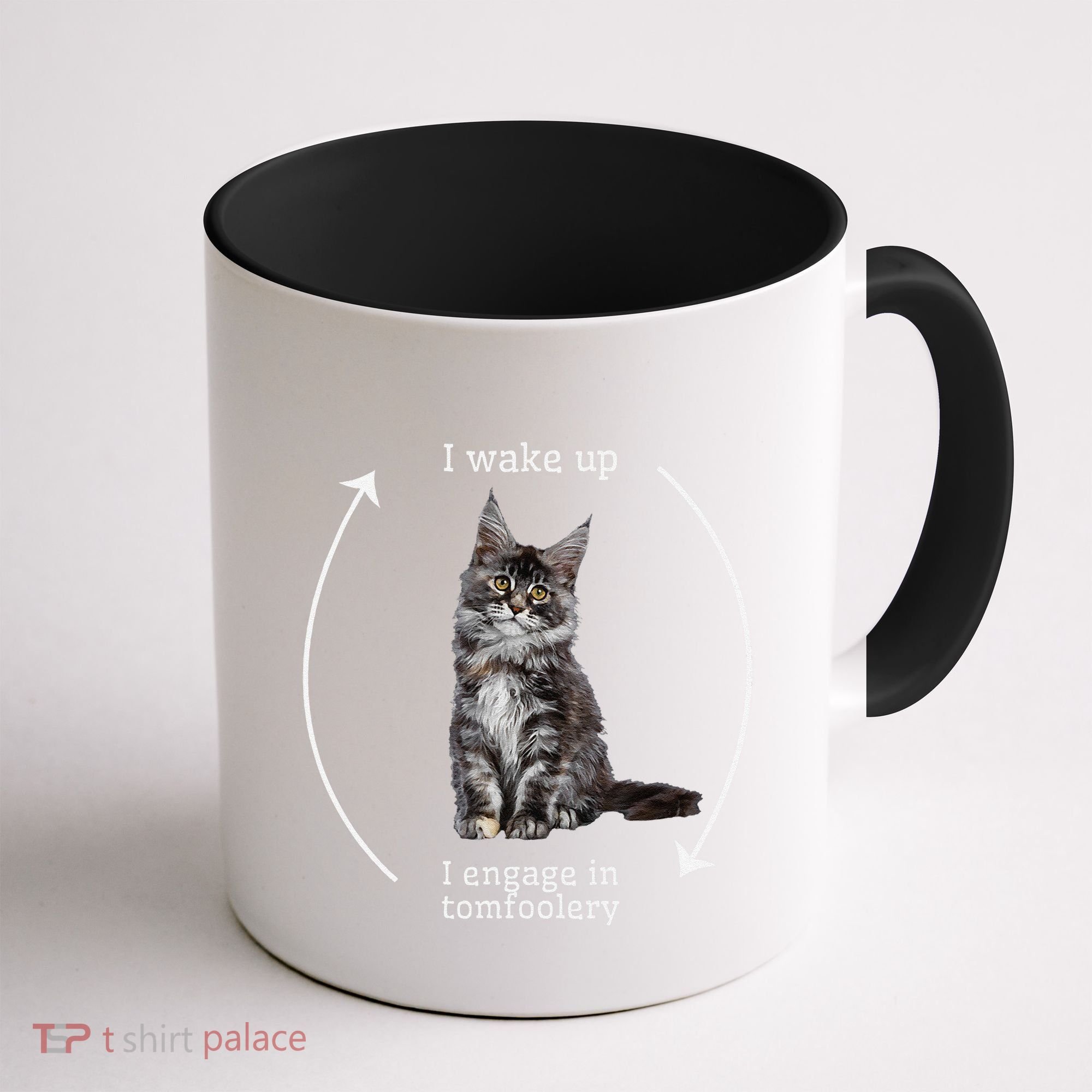 I Wake Up I Engage In Tomfoolery Silly Cat Meme Maine Coon Coffee Mug