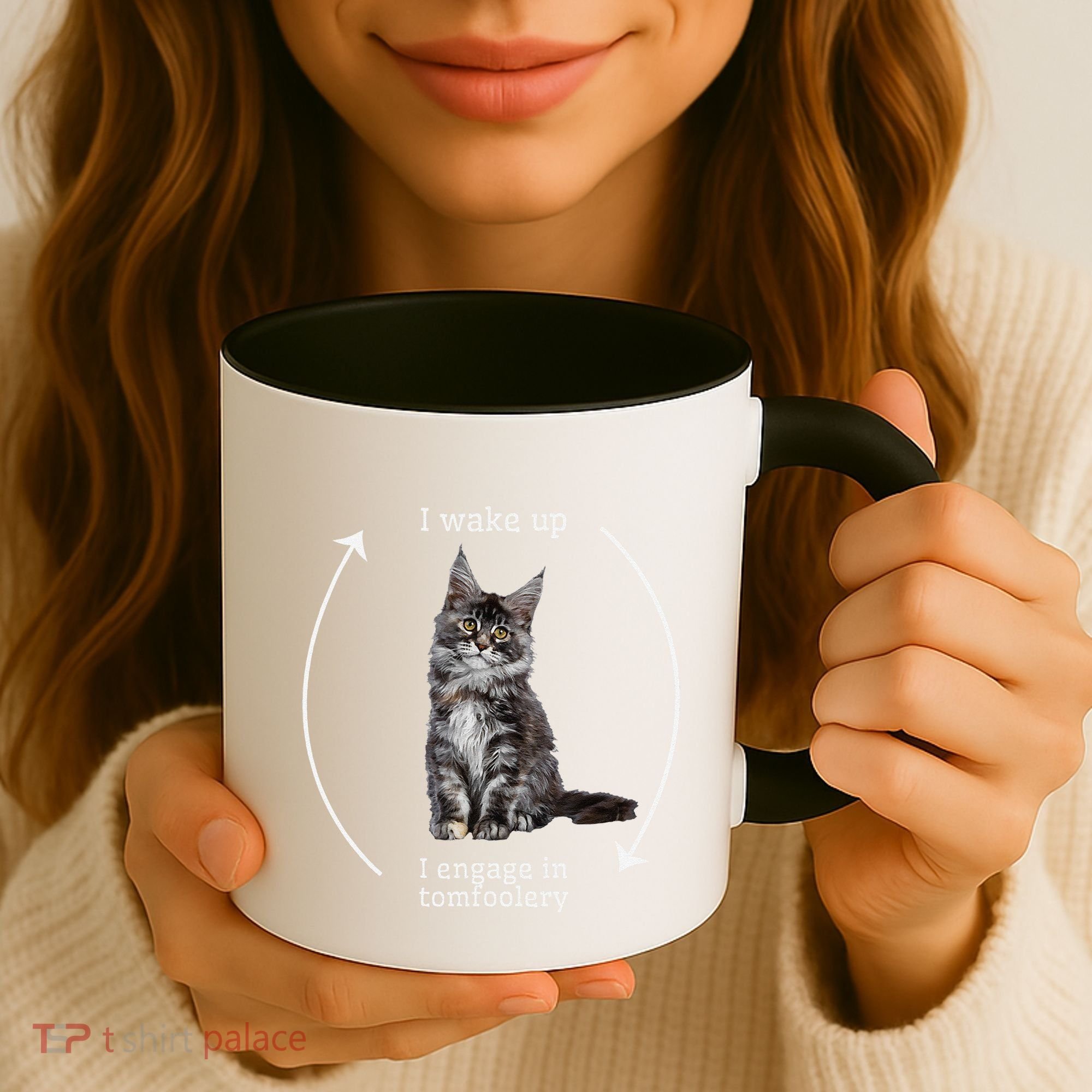 I Wake Up I Engage In Tomfoolery Silly Cat Meme Maine Coon Coffee Mug