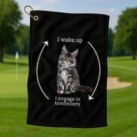 I Wake Up I Engage In Tomfoolery Silly Cat Meme Maine Coon Golf Towel thumb 1