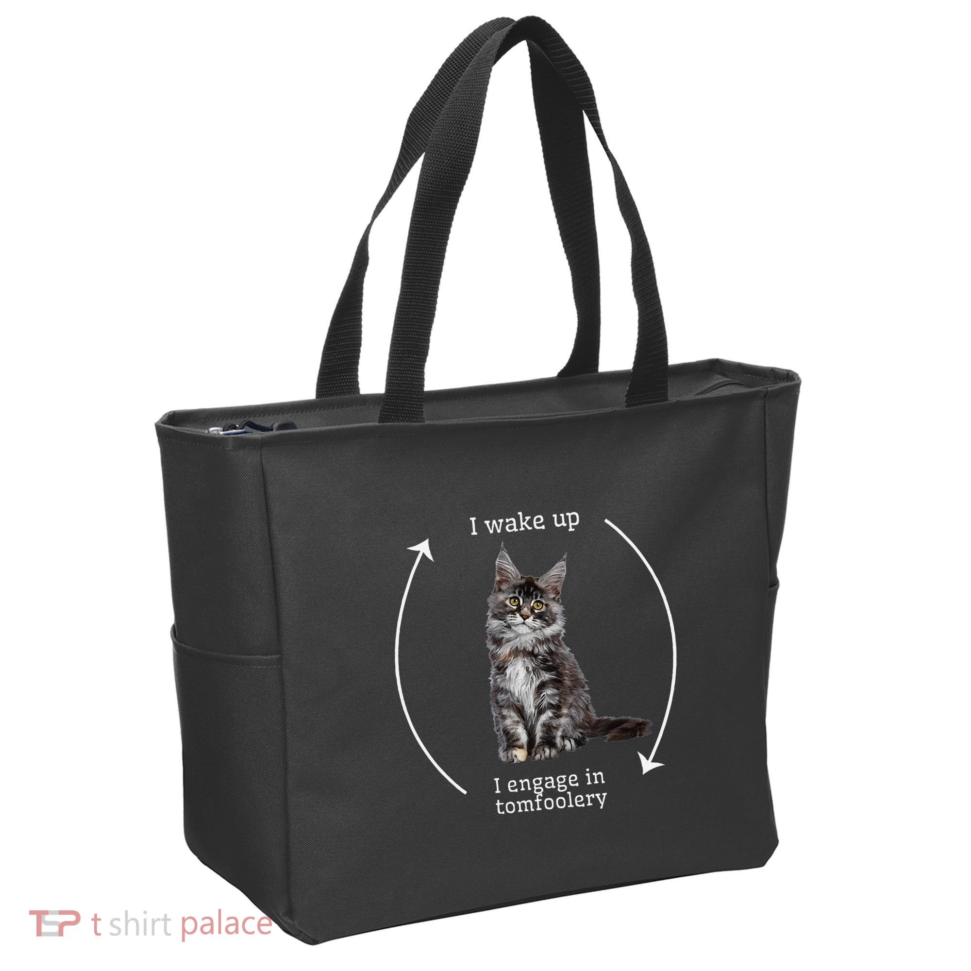 I Wake Up I Engage In Tomfoolery Silly Cat Meme Maine Coon Tote Bag
