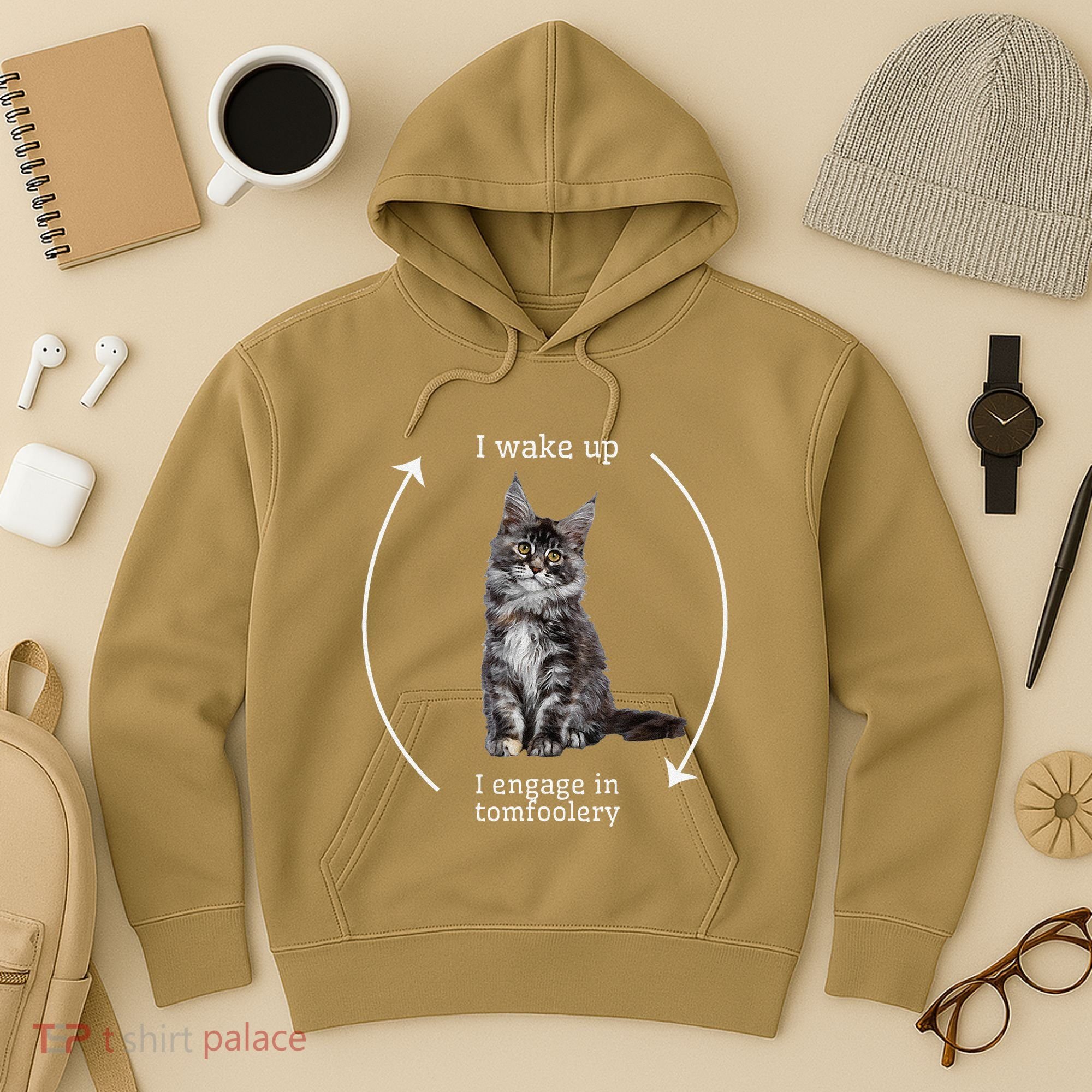 I Wake Up I Engage In Tomfoolery Silly Cat Meme Maine Coon Hoodie