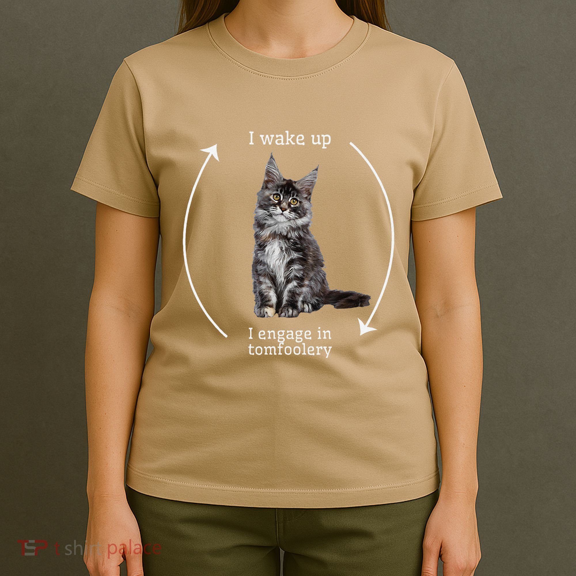 I Wake Up I Engage In Tomfoolery Silly Cat Meme Maine Coon T-Shirt