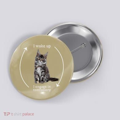 I Wake Up I Engage In Tomfoolery Silly Cat Meme Maine Coon Button