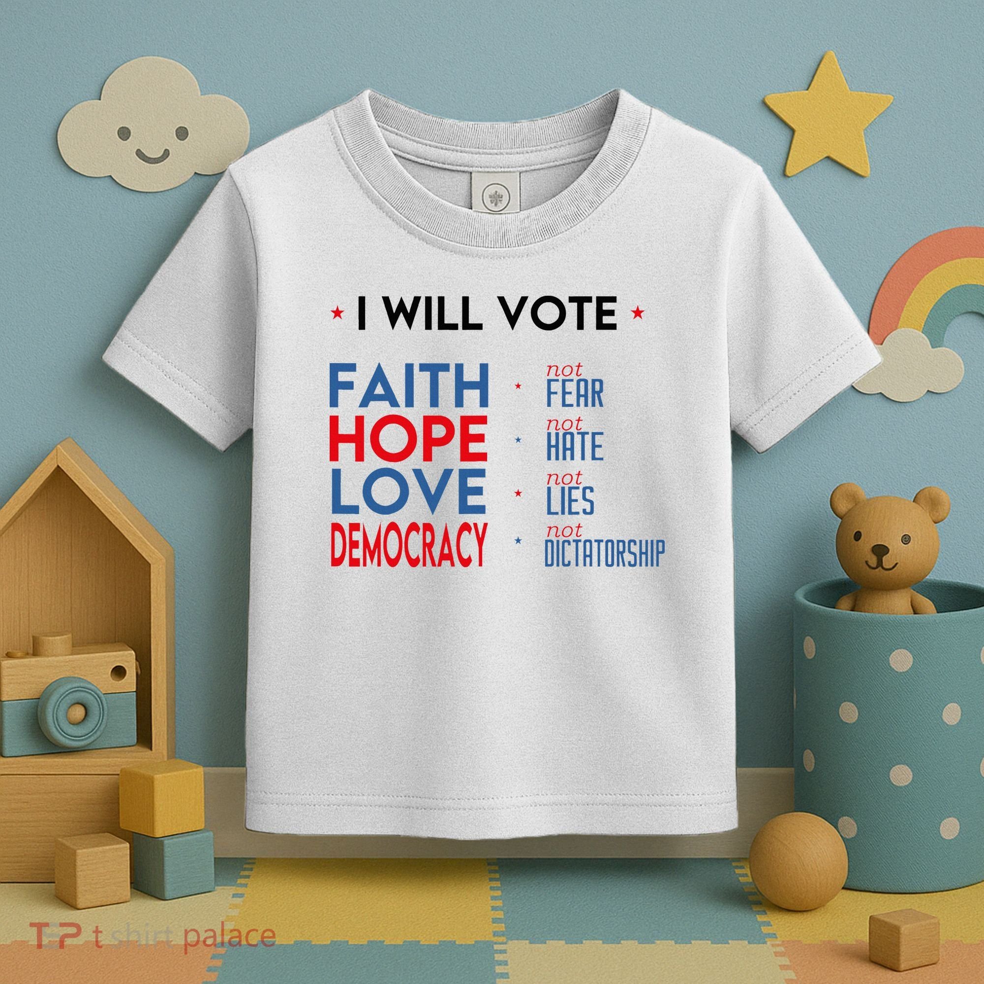 I Will Vote Faith Hope Love Democracy Not Fear Not Hate Toddler T-Shirt