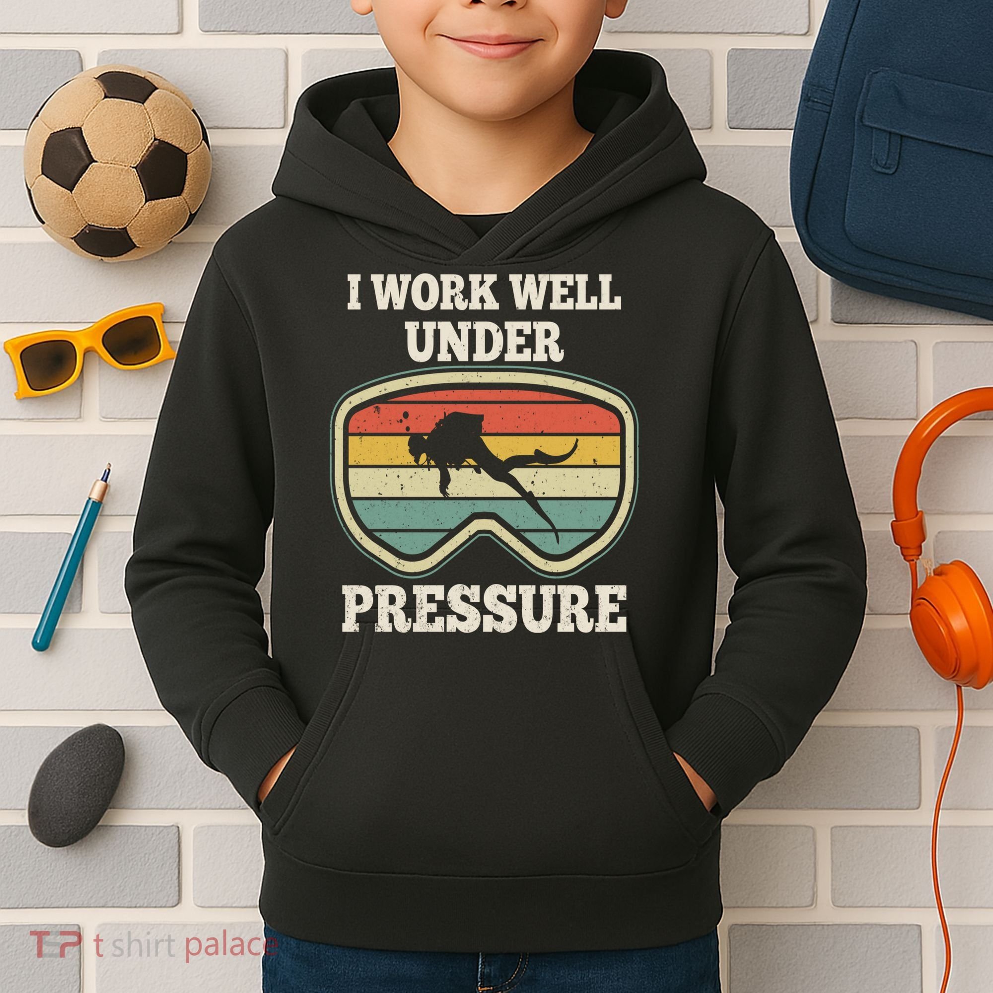 I Work Well Pressure Distressed Scuba Diving Diver Kids Hoodie