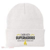 I Work With Superheroes Childhood Cancer Awareness Month Beanie thumb 0