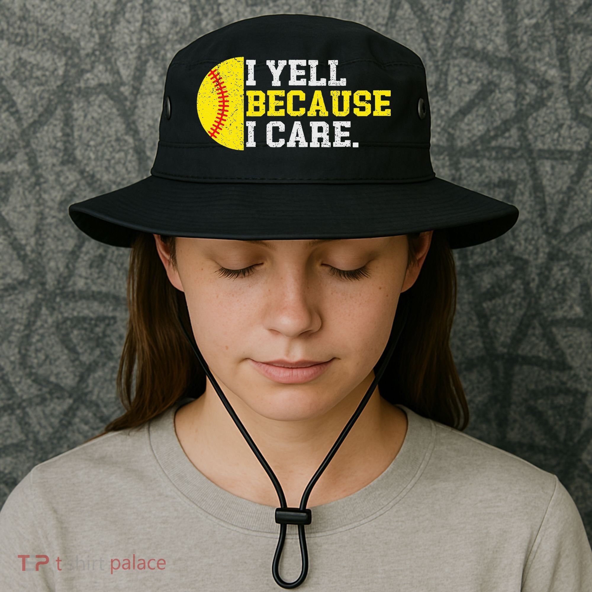 I Yell Because I Care Funny Softball Player Mom Dad Bucket Hat