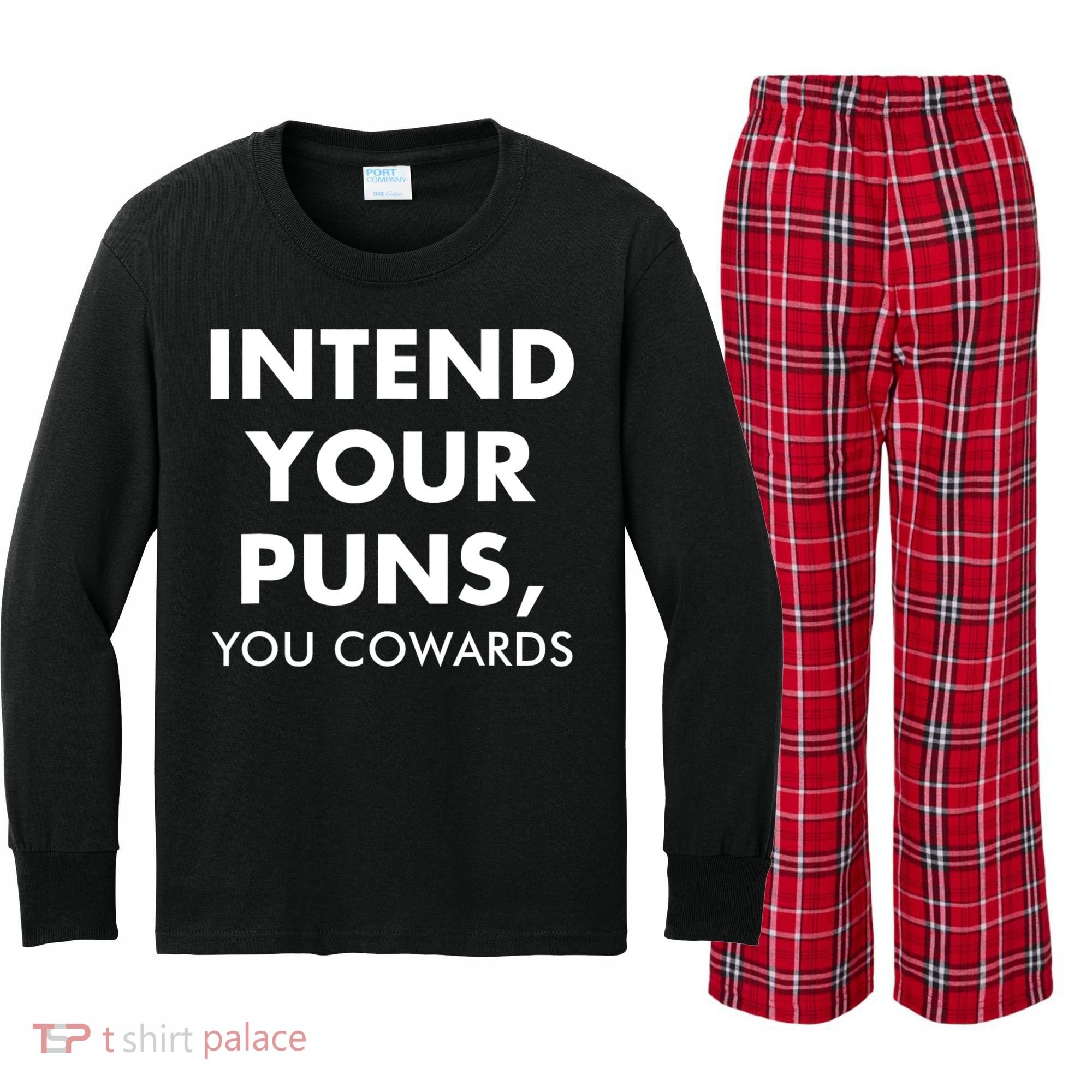 Intend Your Puns You Cowards Funny Kids Long Sleeve Plaid Pajama Set