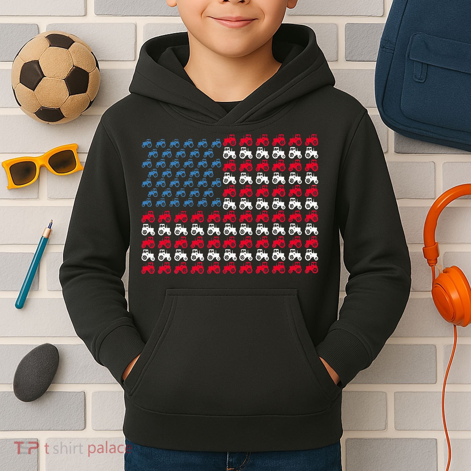 July 4th Tractor Arrange A Usa Flag Independence Day Tractor Kids Hoodie