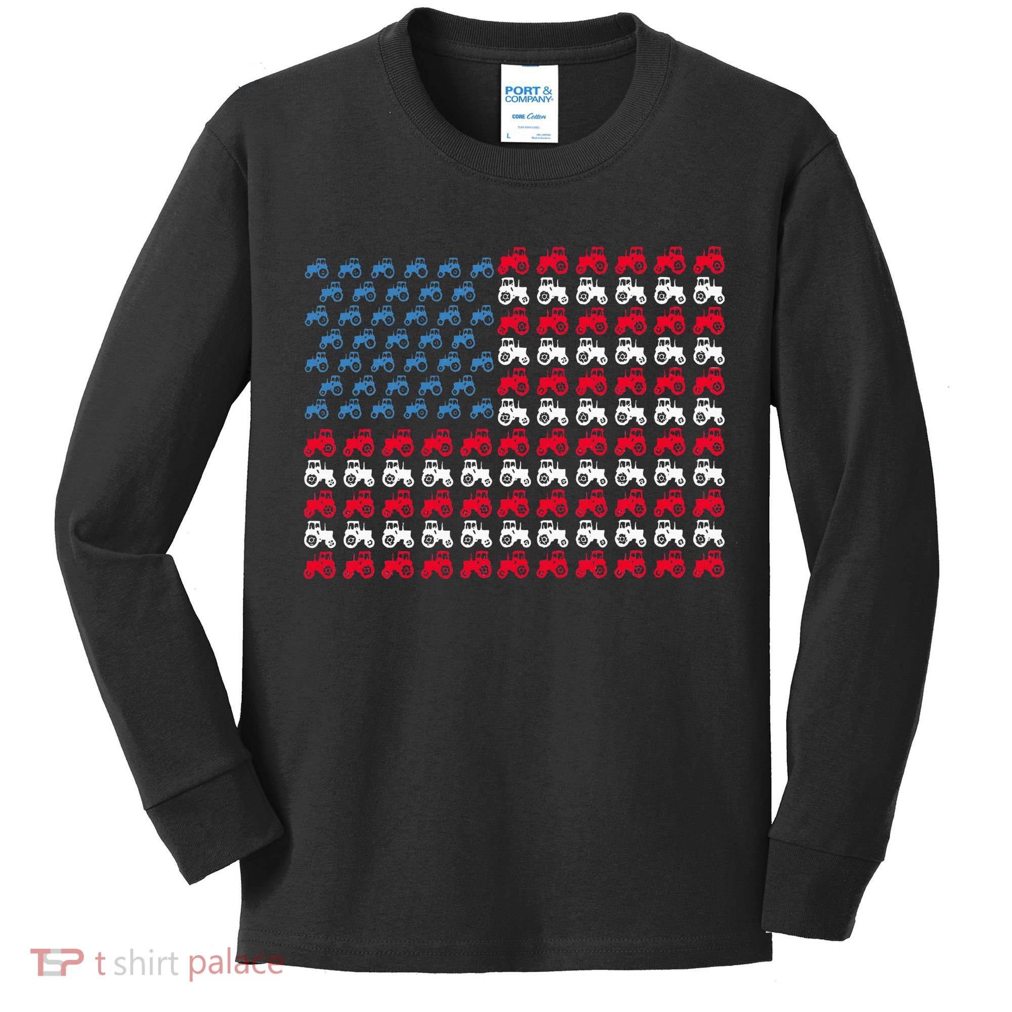 July 4th Tractor Arrange A Usa Flag Independence Day Tractor Kids Long Sleeve Shirt