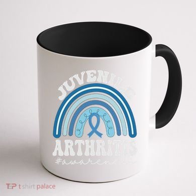 Juvenile Arthritis Awareness Month Blue Rainbow Ribbon Gift Coffee Mug back