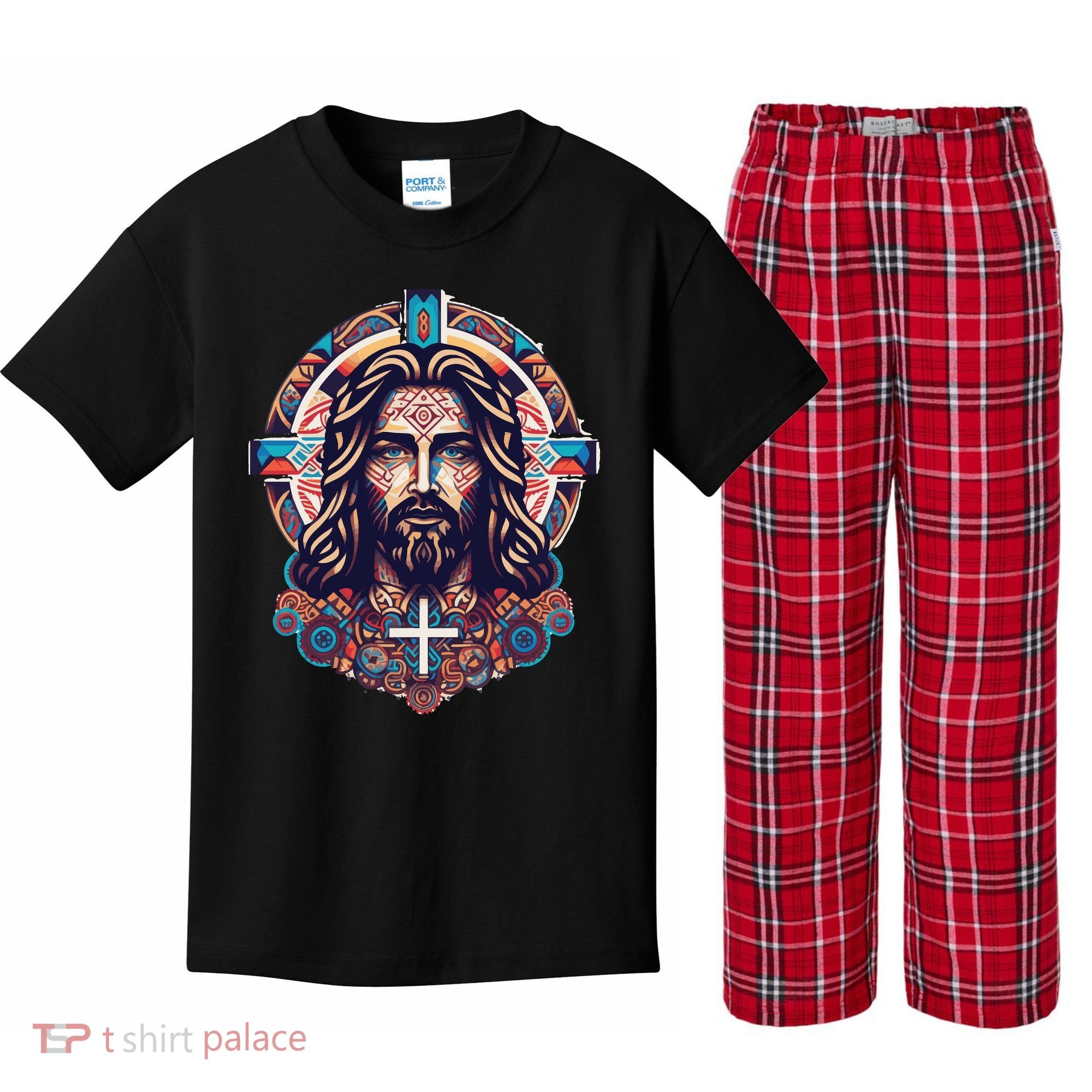 Jesus Abstract Art Kids Plaid Pajama Set