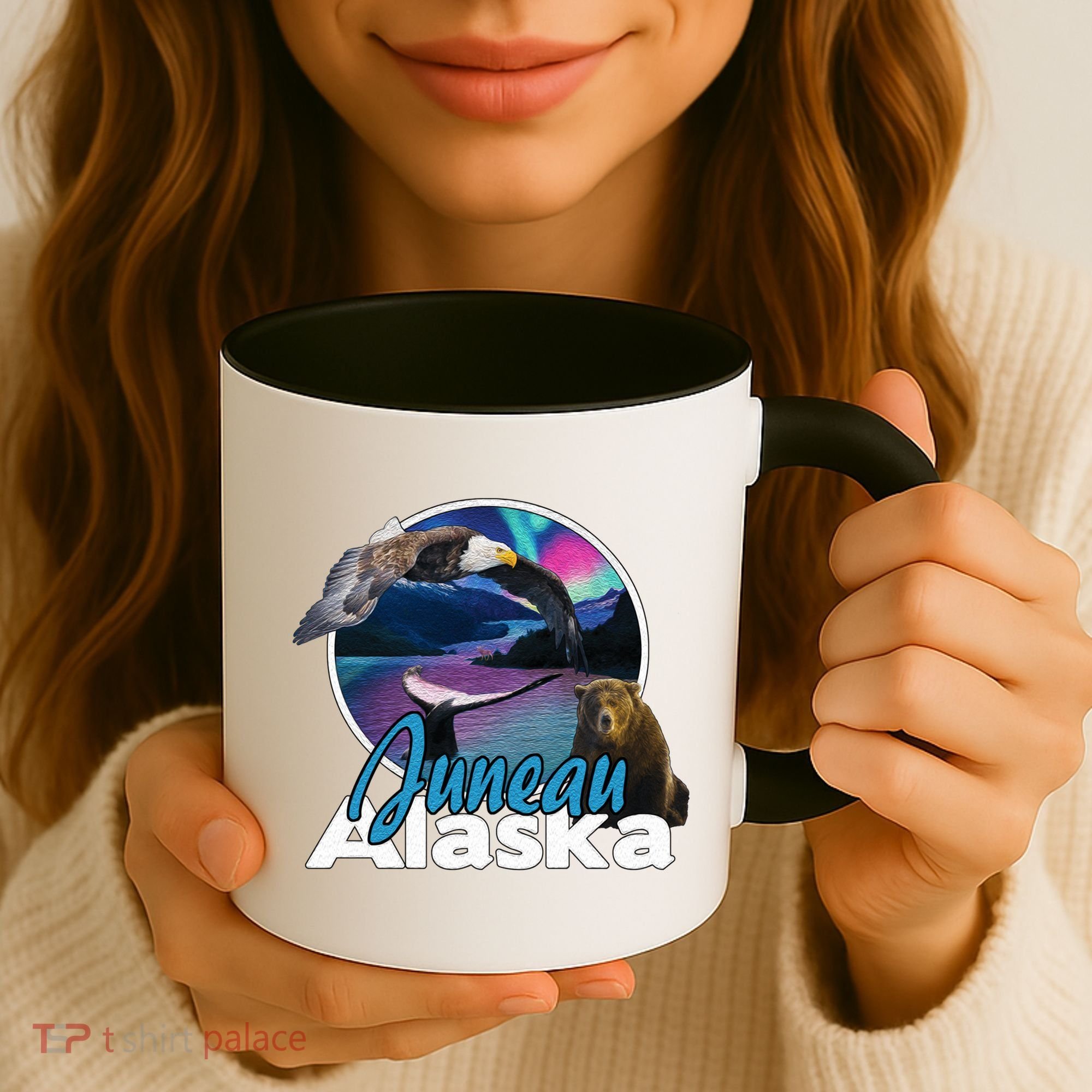 Juneau Alaska Aurora Borealis Eagle Bear Whale Souvenir Cute Gift Coffee Mug