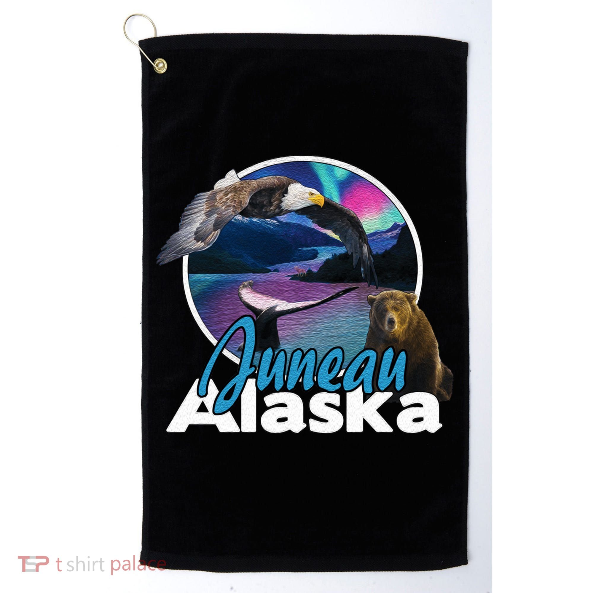 Juneau Alaska Aurora Borealis Eagle Bear Whale Souvenir Cute Gift Golf Towel
