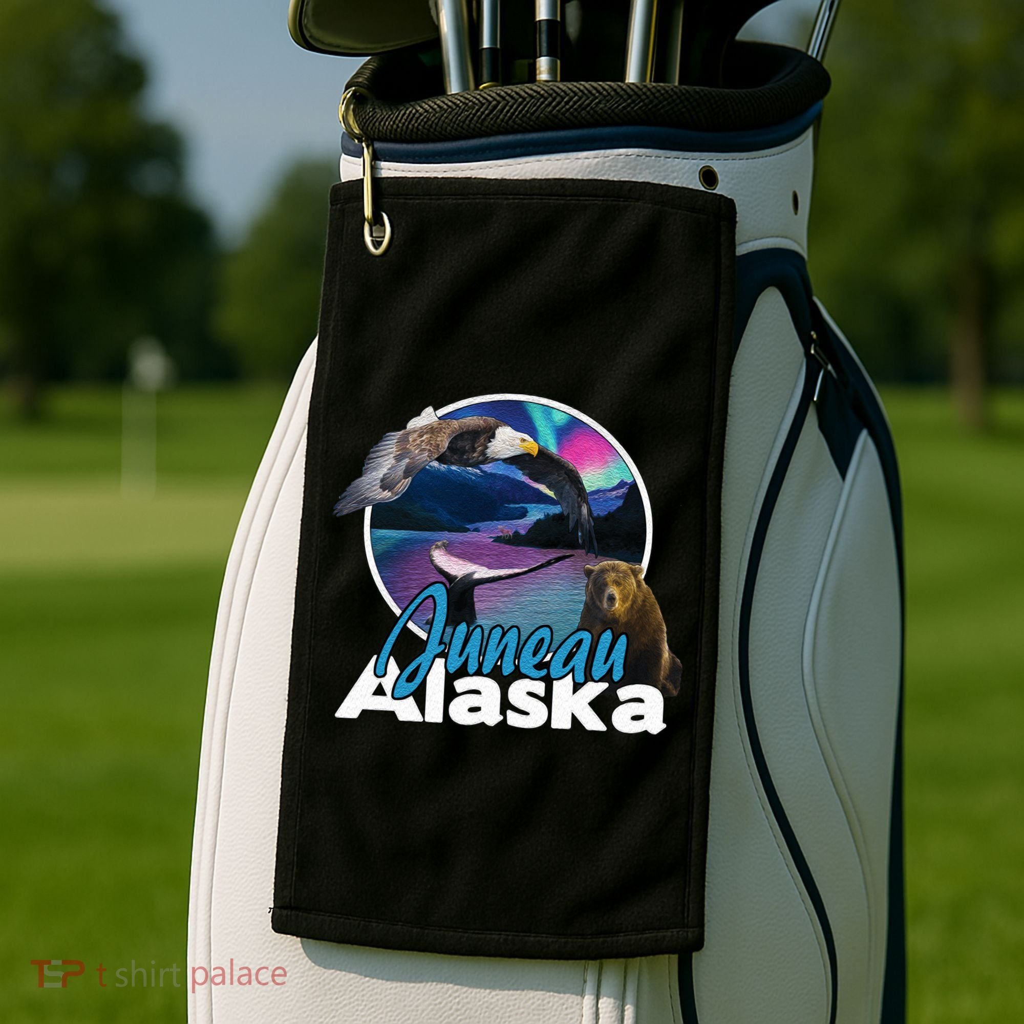 Juneau Alaska Aurora Borealis Eagle Bear Whale Souvenir Cute Gift Golf Towel