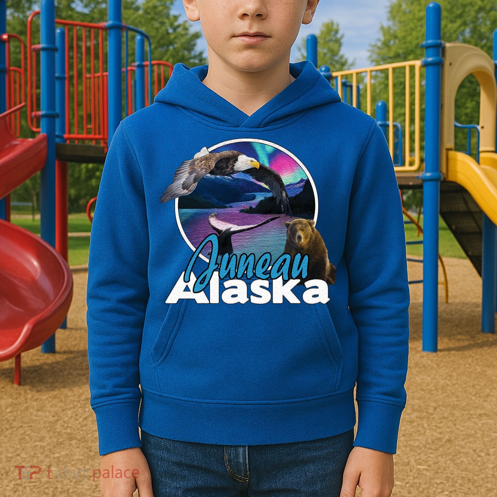 Juneau Alaska Aurora Borealis Eagle Bear Whale Souvenir Cute Gift Kids Hoodie