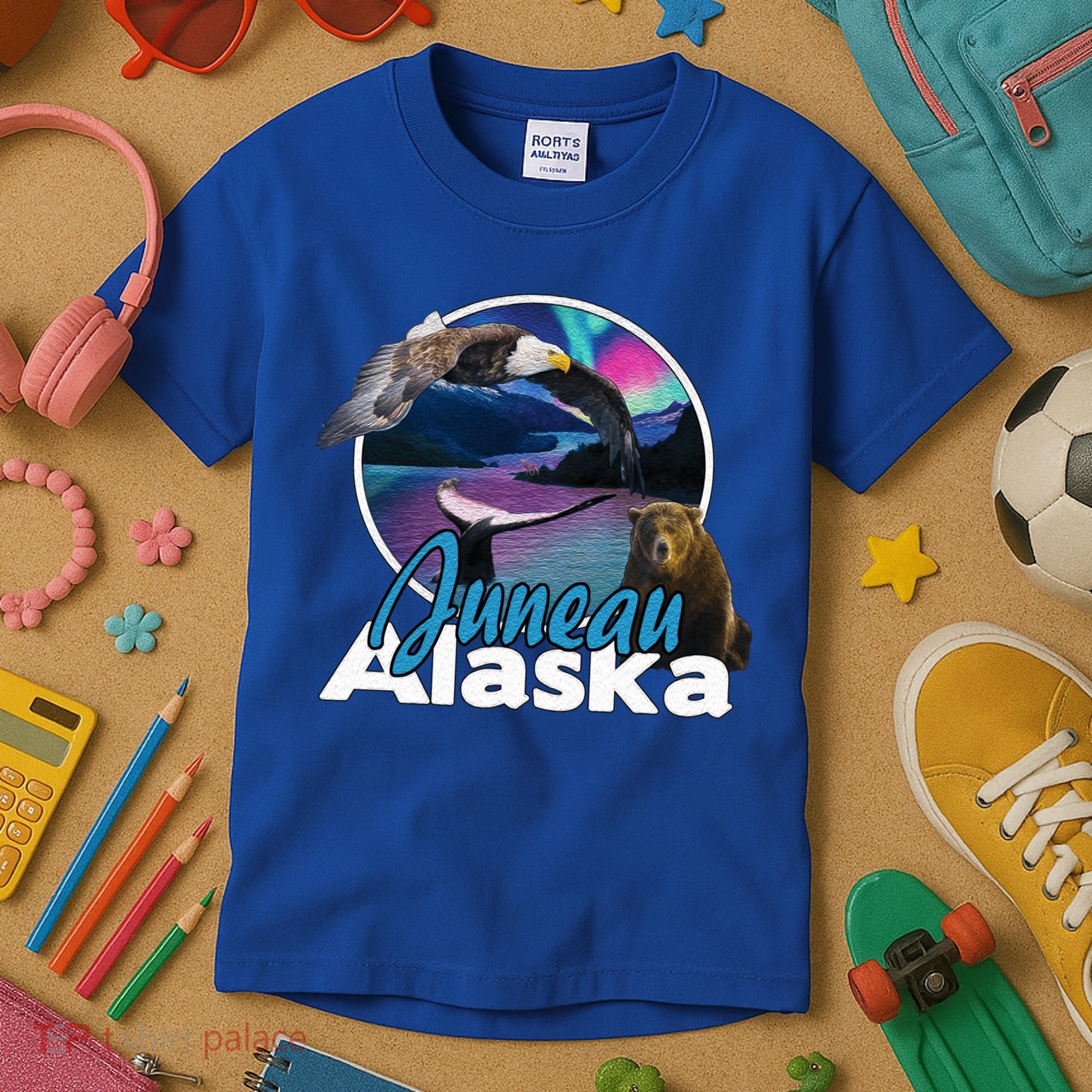 Juneau Alaska Aurora Borealis Eagle Bear Whale Souvenir Cute Gift Kids T-Shirt