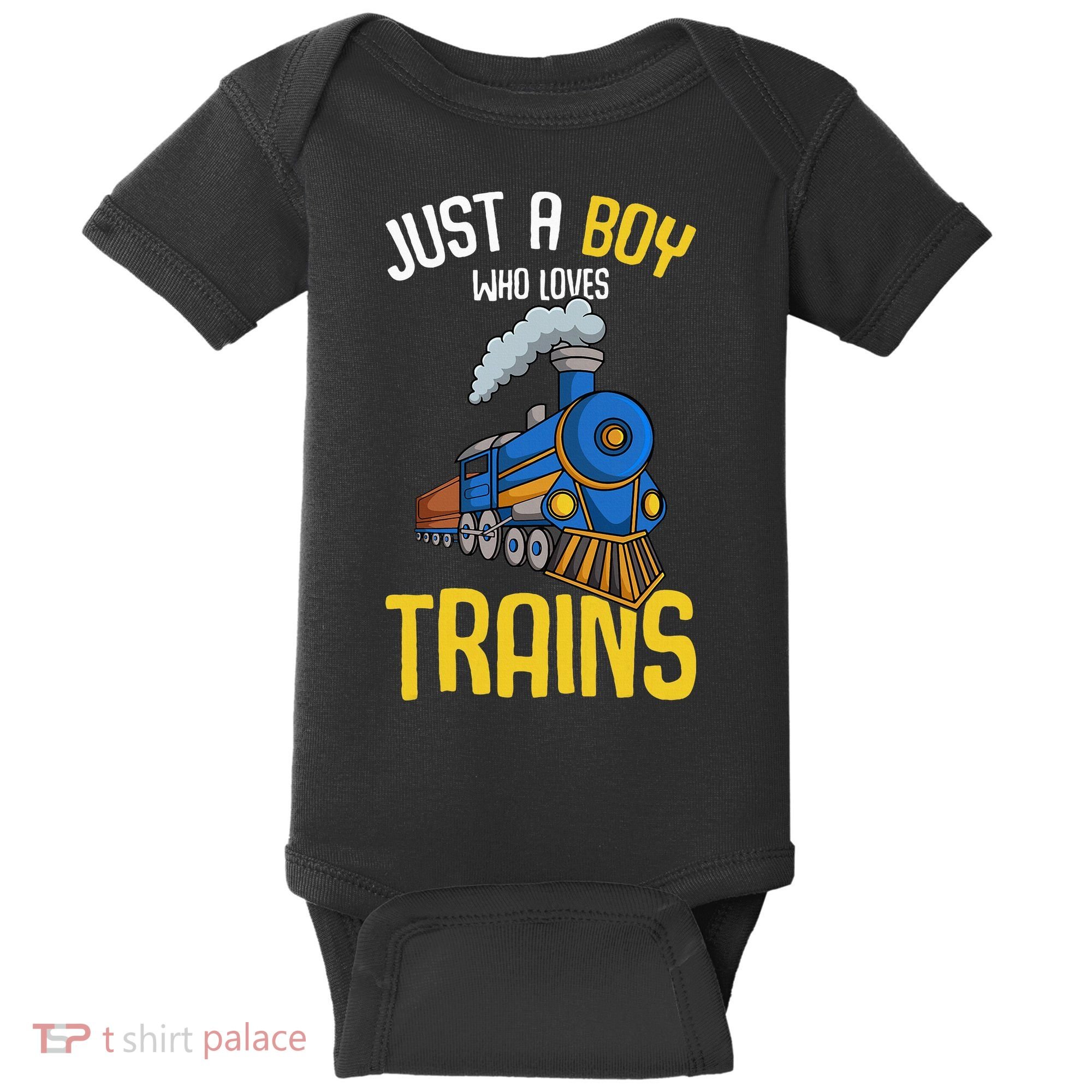 Just A Boy Who Loves Trains Locomotive Train Baby Bodysuit