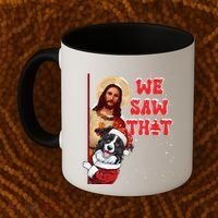 Jesus And Border Collie We Saw That Funny Christmas Coffee Mug thumb 2