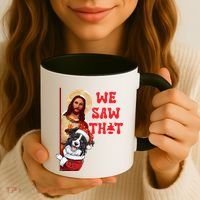 Jesus And Border Collie We Saw That Funny Christmas Coffee Mug thumb 3
