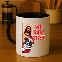 Jesus And Border Collie We Saw That Funny Christmas Coffee Mug thumb 4