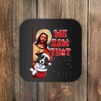 Jesus And Border Collie We Saw That Funny Christmas Coaster thumb 0