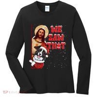 Jesus And Border Collie We Saw That Funny Christmas Women's Long Sleeve Shirt thumb 0