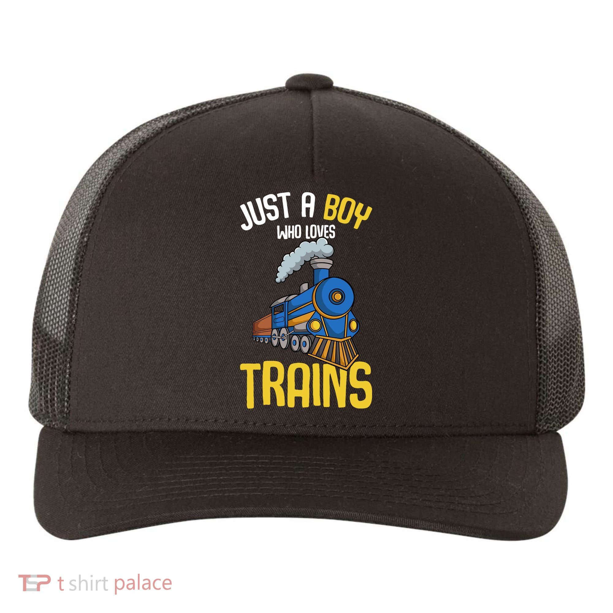 Just A Boy Who Loves Trains Locomotive Train Yupoong Adult 5-Panel Trucker Hat