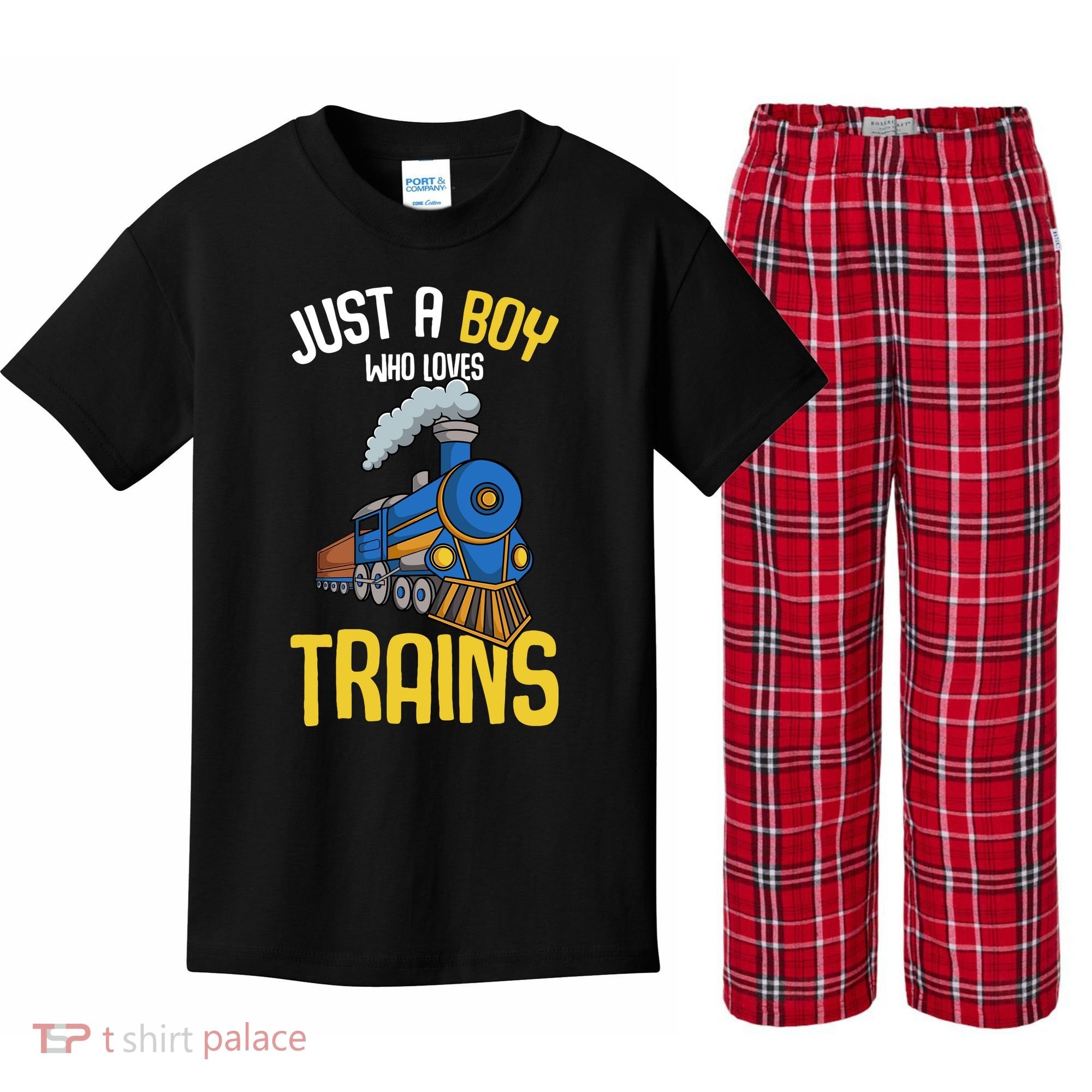 Just A Boy Who Loves Trains Locomotive Train Kids Plaid Pajama Set