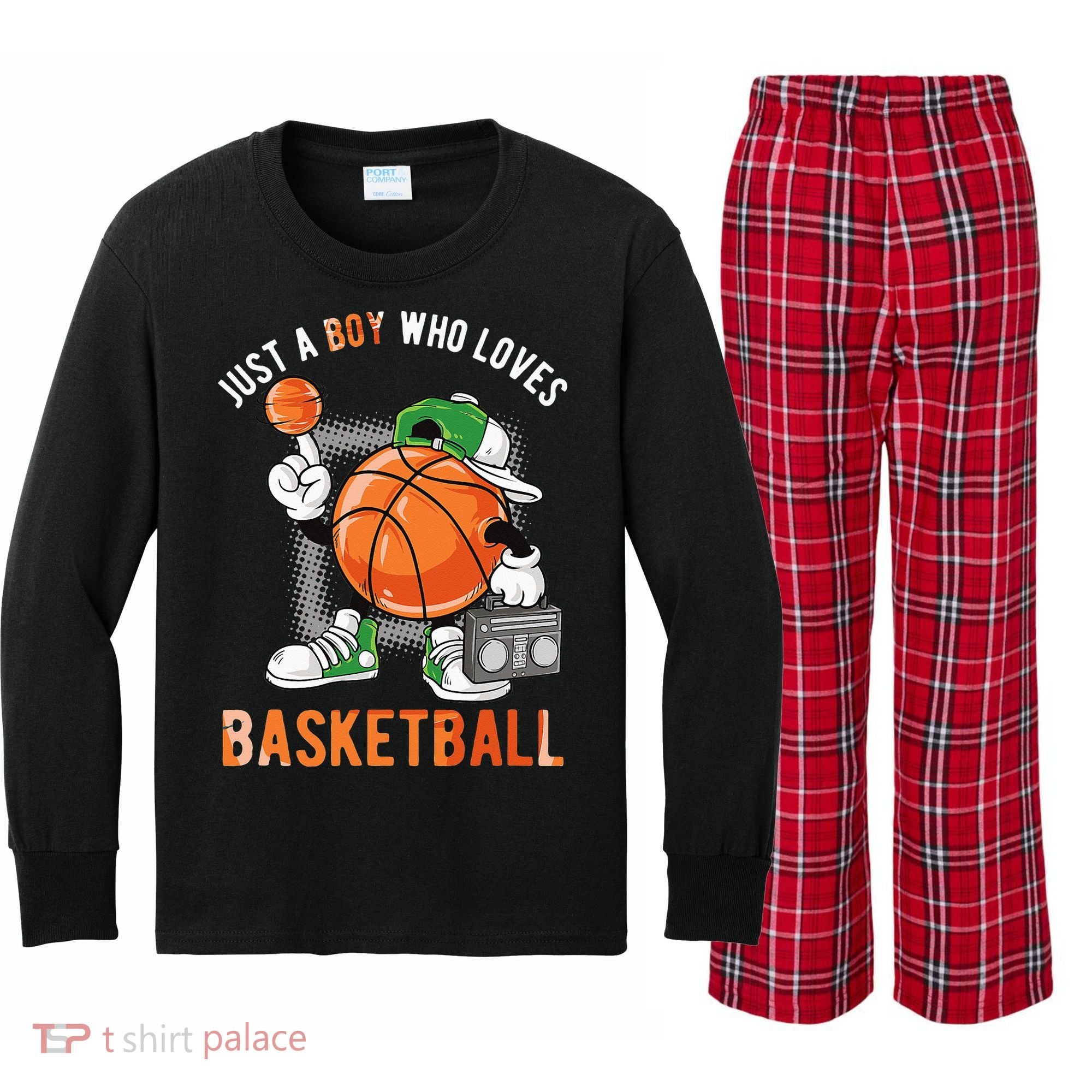 Just A Boy Who Loves Basketball Kids Long Sleeve Plaid Pajama Set