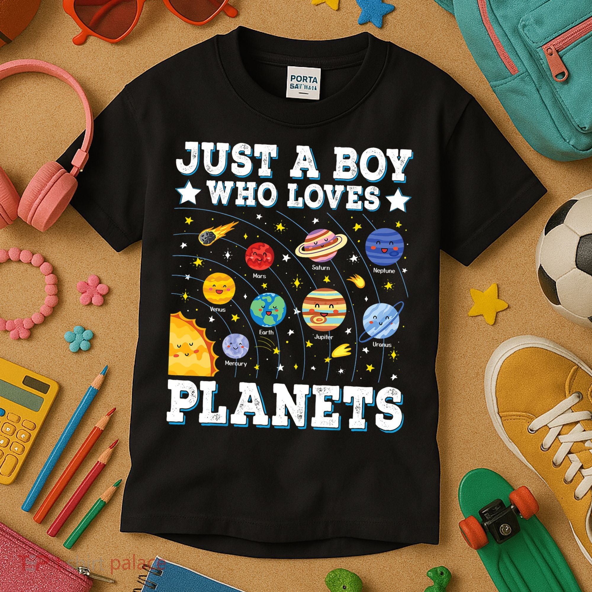 Just A Bo_y Who Loves Planets Solar System Space Science Geek Kids T-Shirt