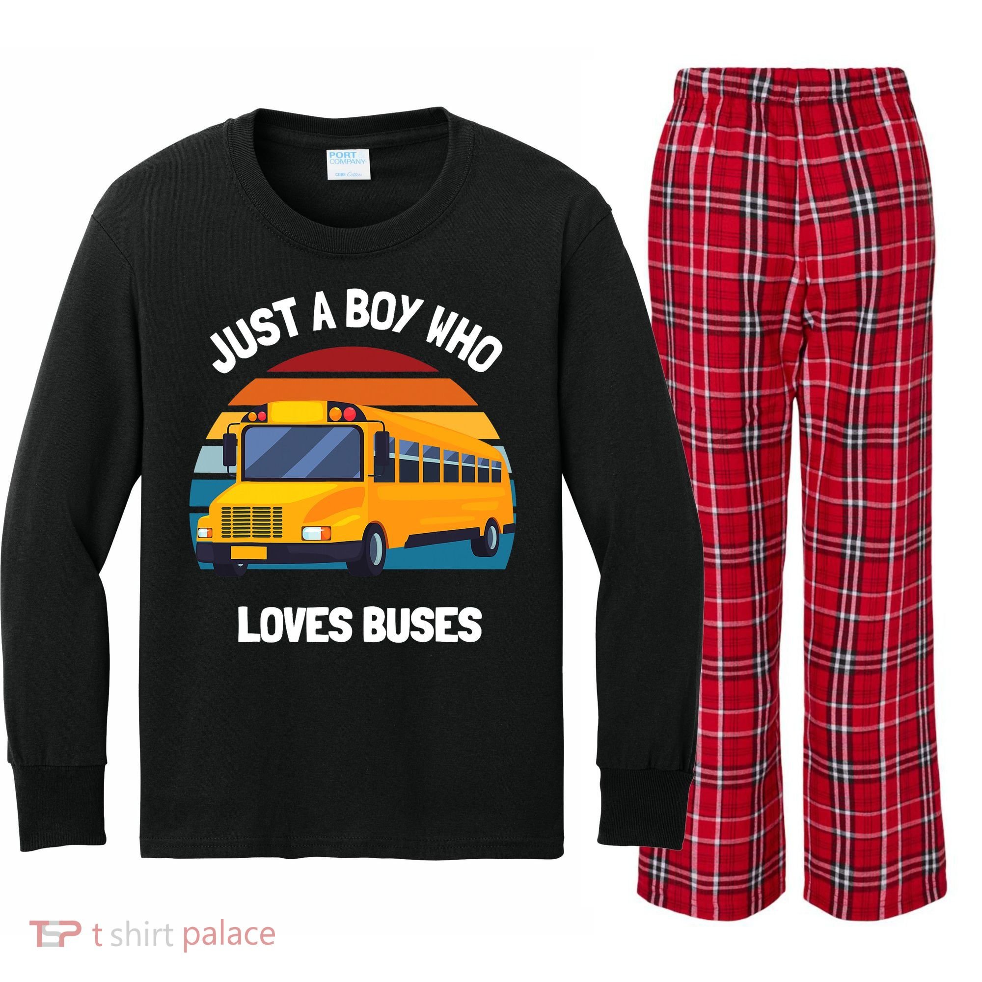 Just A Boy Who Loves Buses School Bus Kids 5T 4T 3T Kids Long Sleeve Plaid Pajama Set