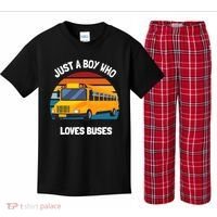 Just A Boy Who Loves Buses School Bus Kids 5T 4T 3T Kids Plaid Pajama Set thumb 0