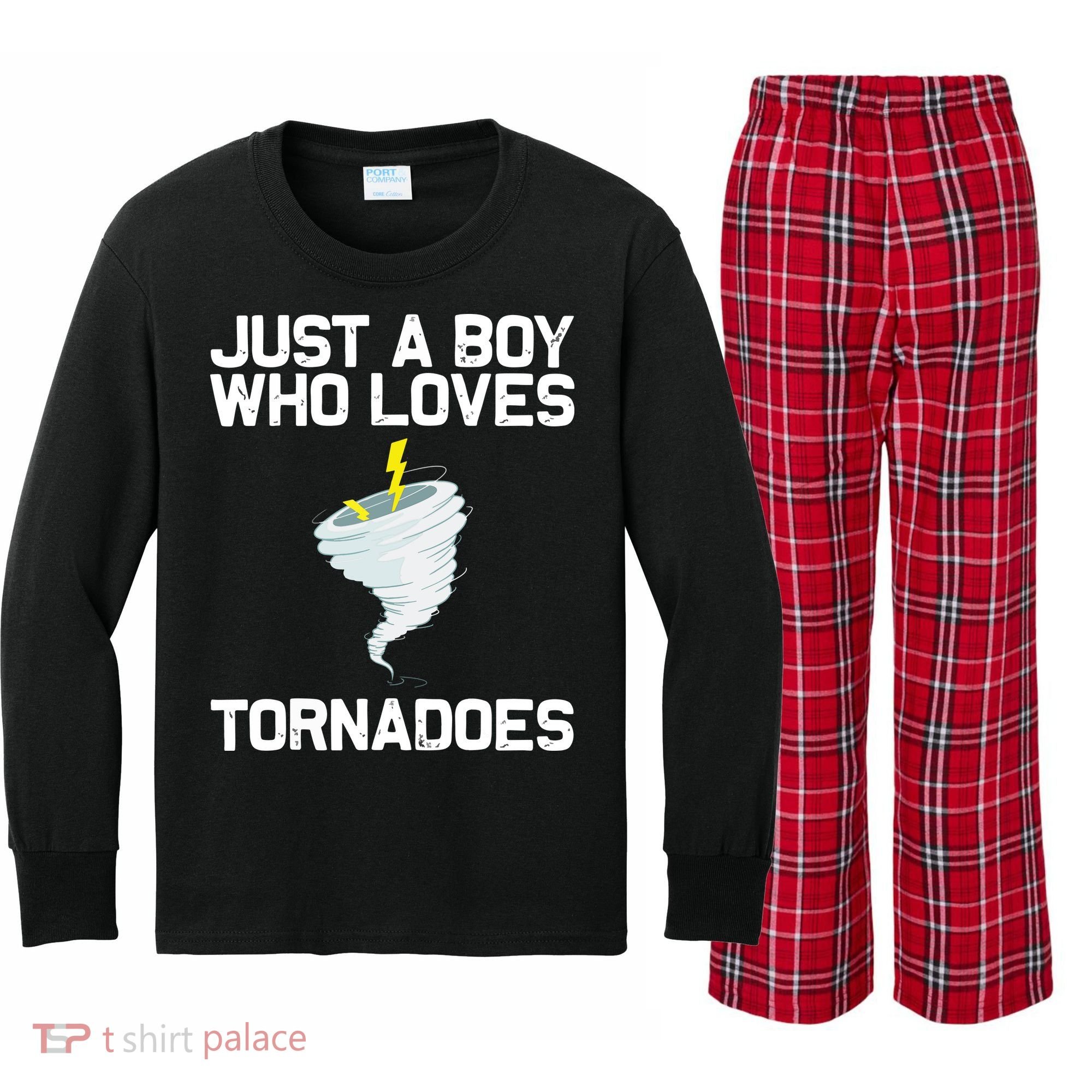 Just A Boy Who Loves Tornadoes Tornado Meteorologist Kids Long Sleeve Plaid Pajama Set