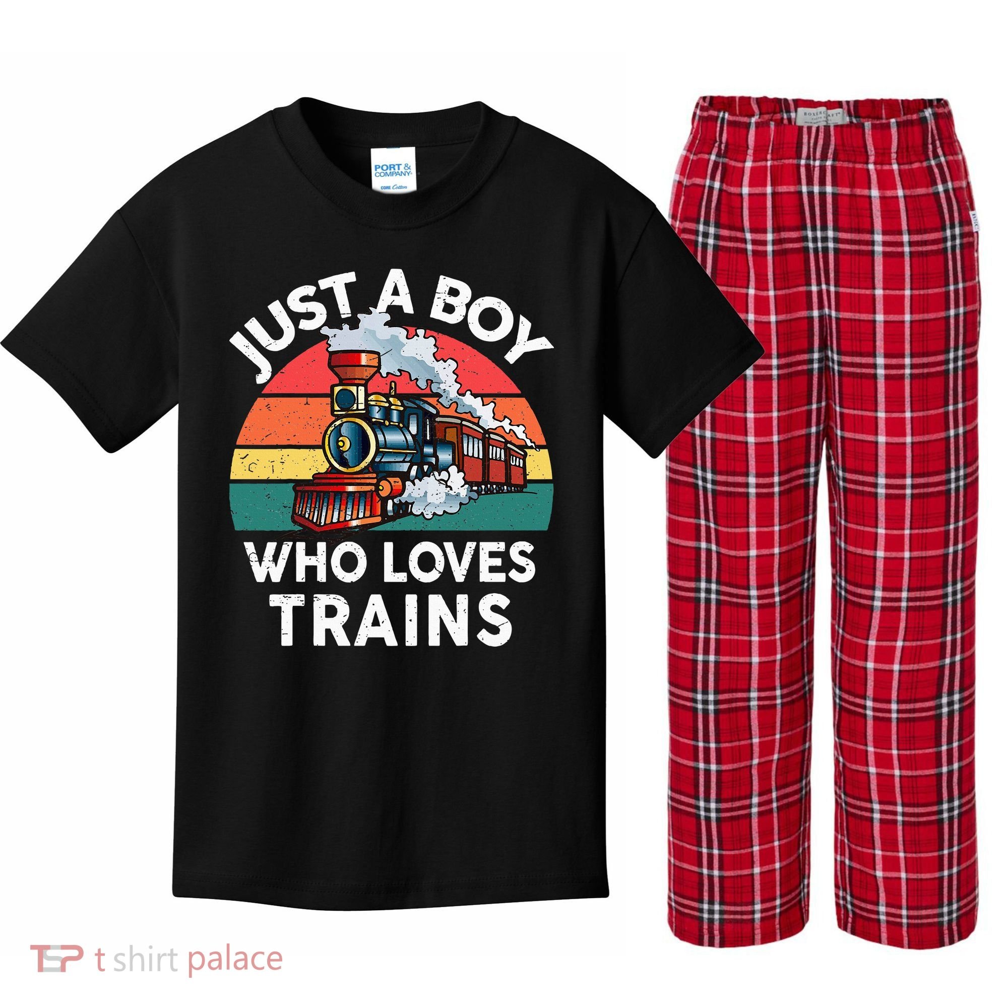 Just A Boy Who Loves Trains Train Lover Kids Plaid Pajama Set