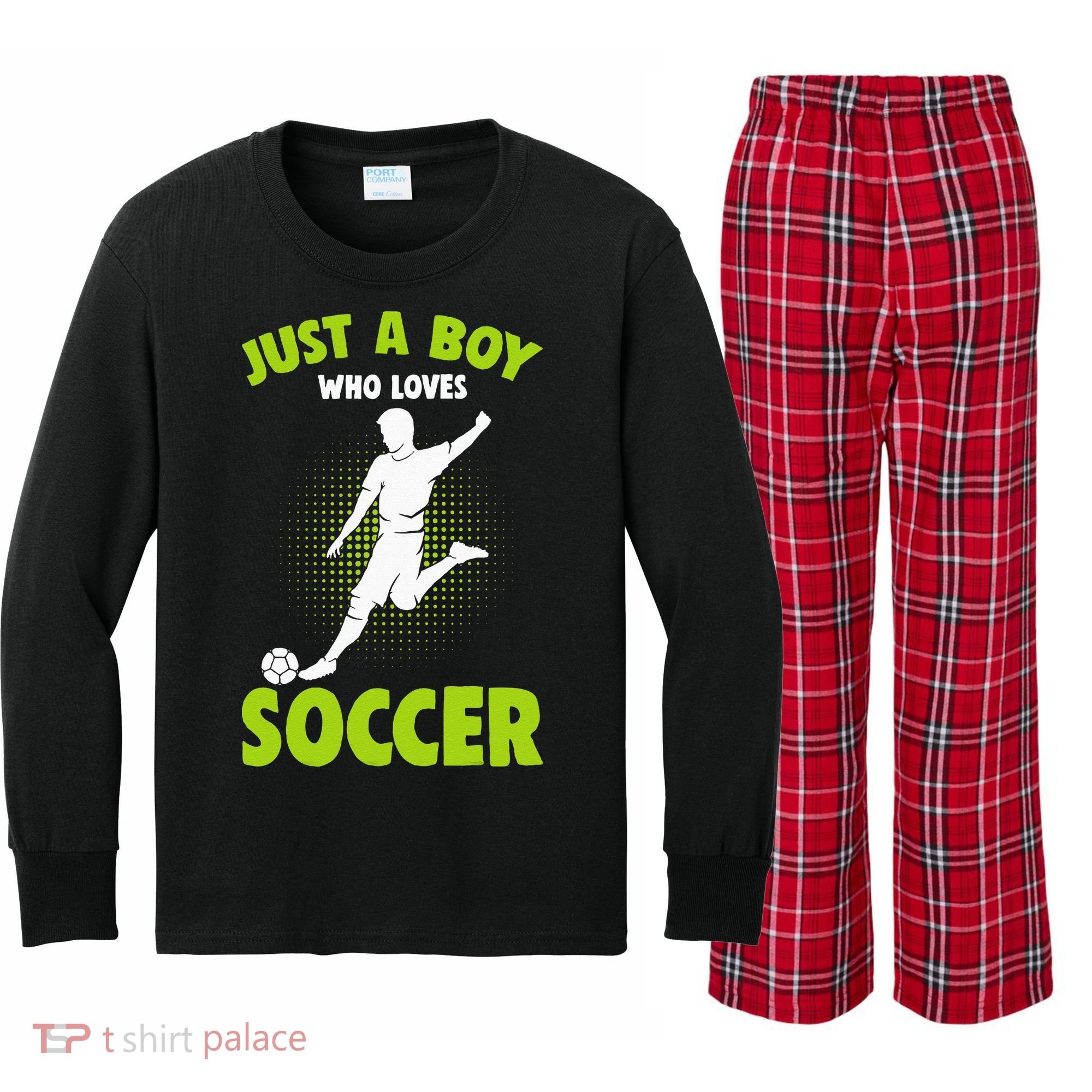 Just A Boy Who Loves Soccer Player Kids Kids Long Sleeve Plaid Pajama Set