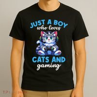 Just A Boy Who Loves Cats And Gaming Gaming Video Games T-Shirt thumb 3