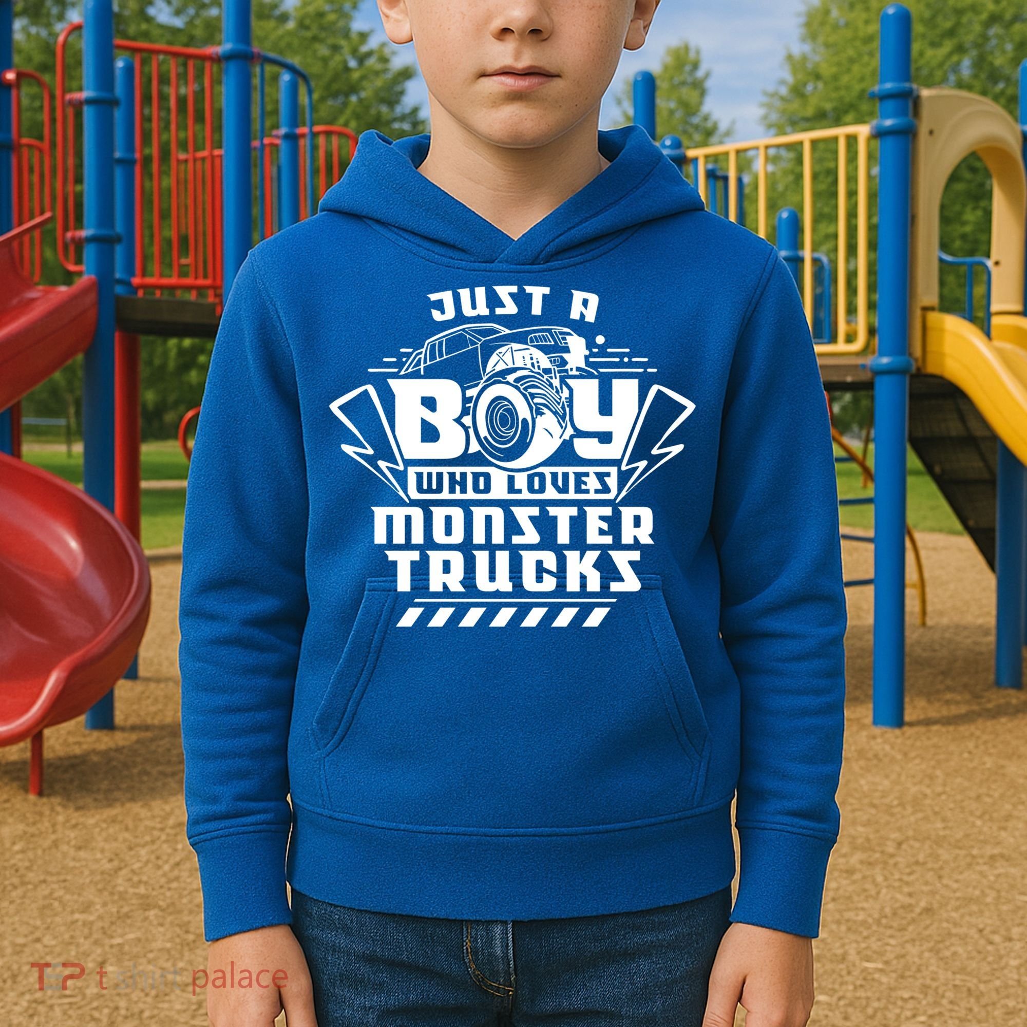 Just A Boy Who Loves Monster Trucks Monster Truck Driver Gift Kids Hoodie