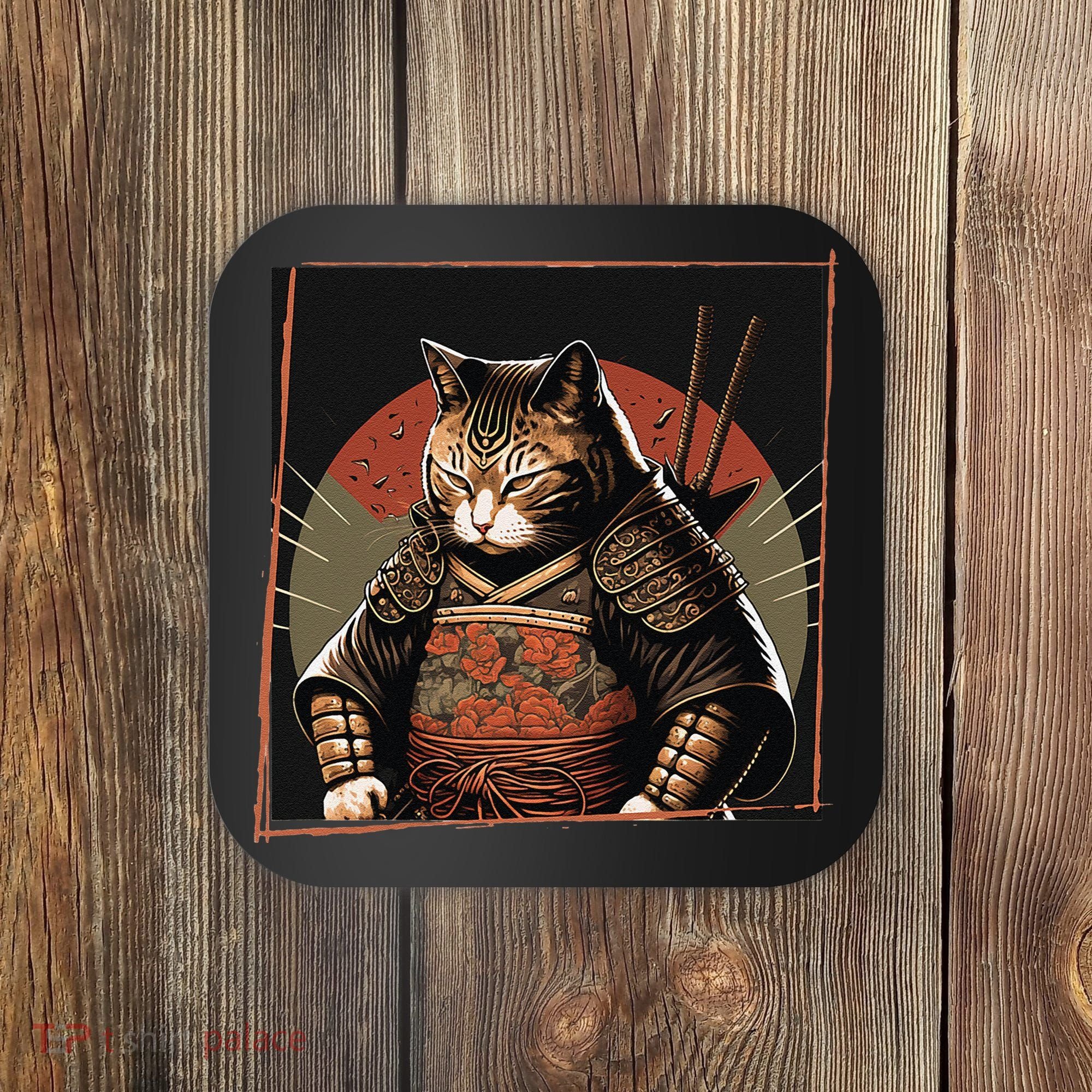 Japanese Art Cat Ninja Ukiyo-e Anime Style Samurai Cat Coaster