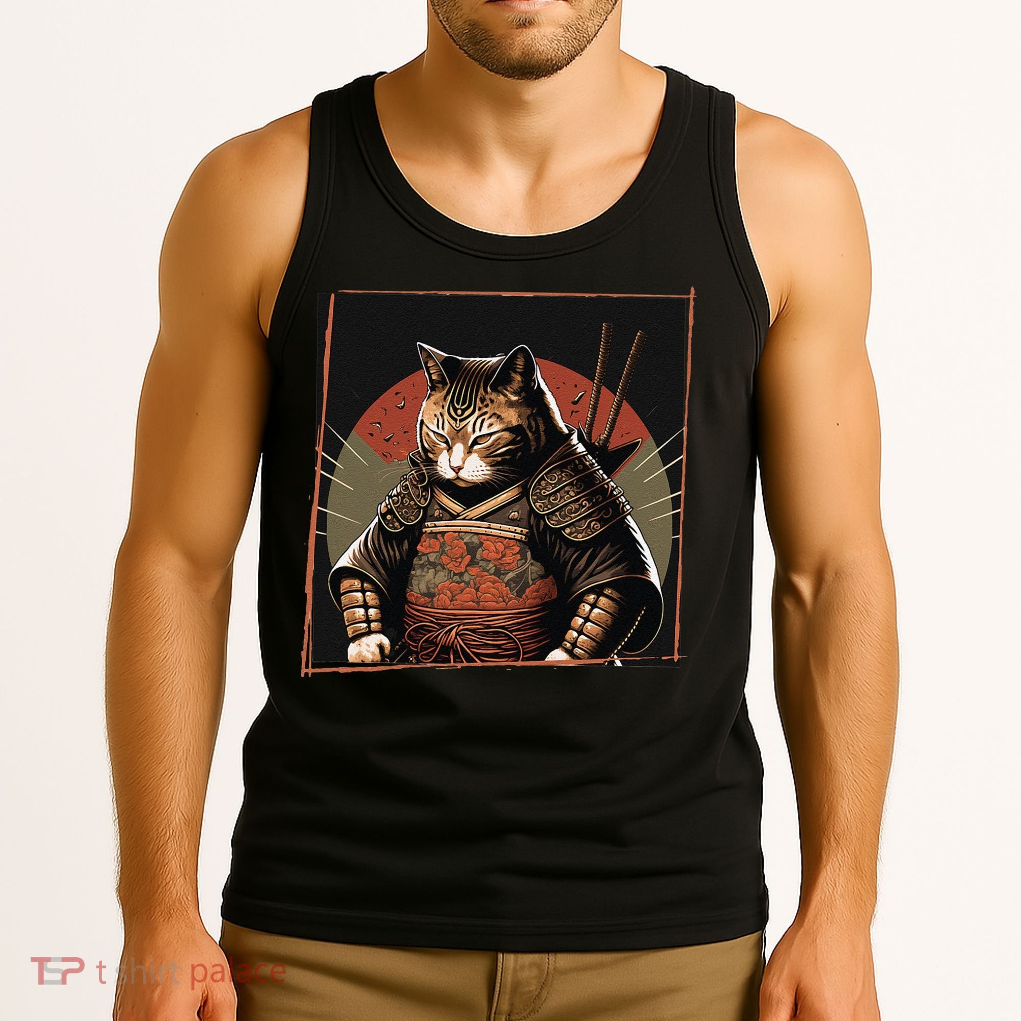 Japanese Art Cat Ninja Ukiyo-e Anime Style Samurai Cat Tank Top