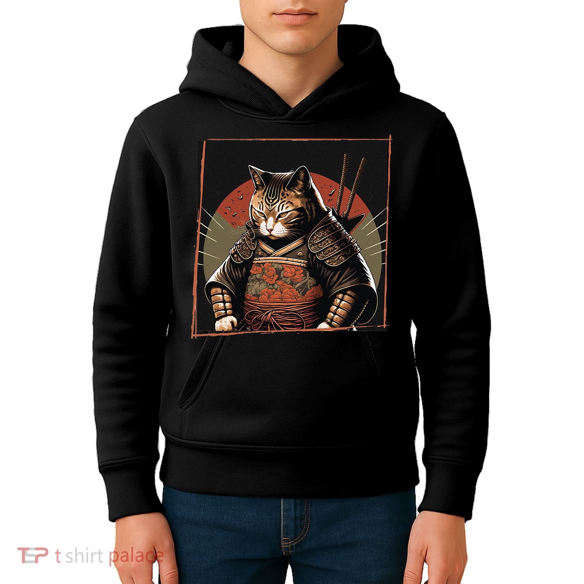 Japanese Art Cat Ninja Ukiyo-e Anime Style Samurai Cat Kids Hoodie