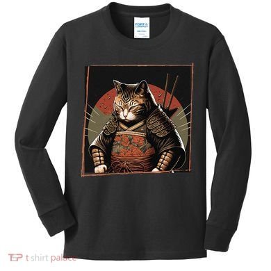 Japanese Art Cat Ninja Ukiyo-e Anime Style Samurai Cat Kids Long Sleeve Shirt
