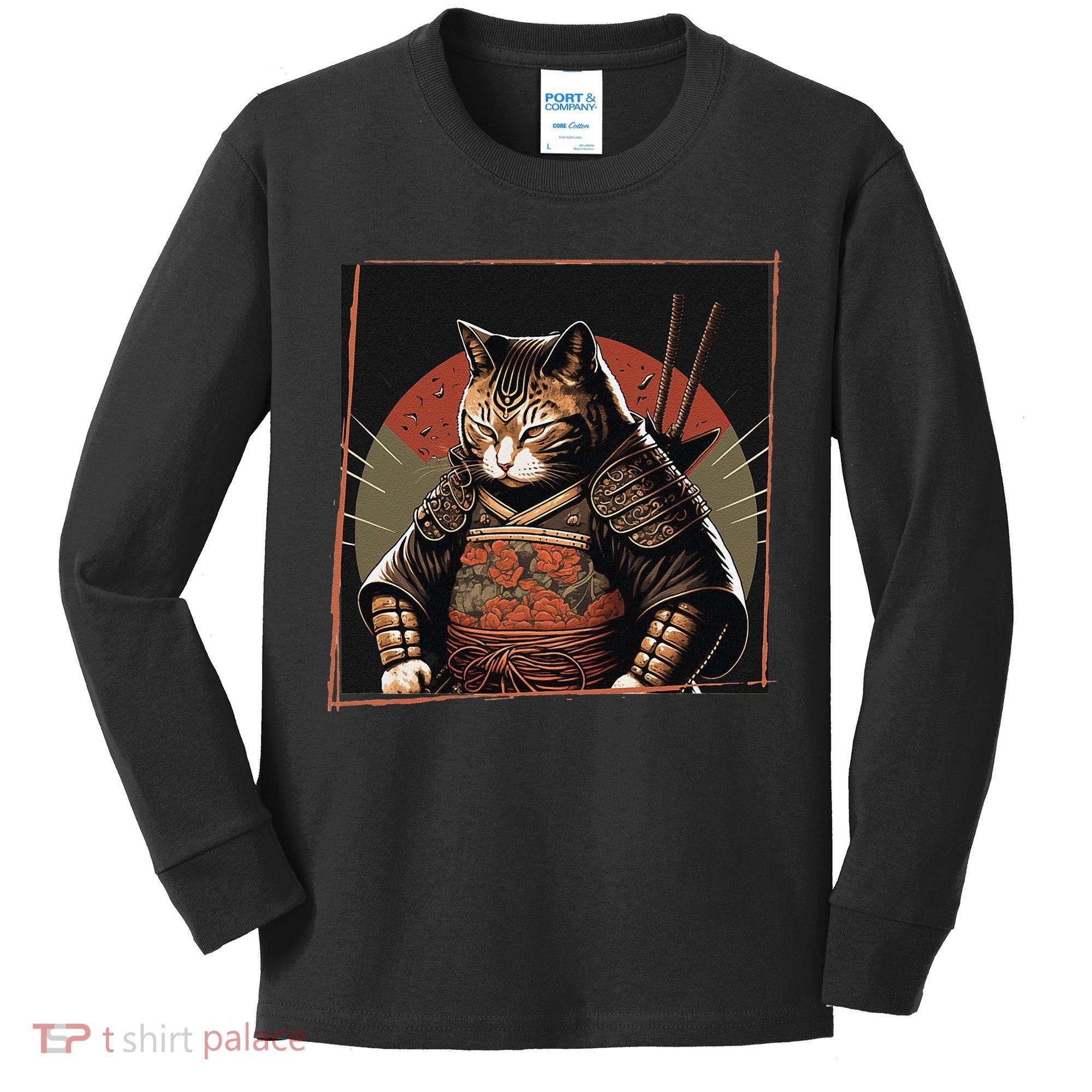 Japanese Art Cat Ninja Ukiyo-e Anime Style Samurai Cat Kids Long Sleeve Shirt