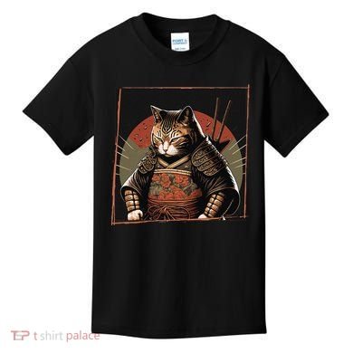 Japanese Art Cat Ninja Ukiyo-e Anime Style Samurai Cat Kids T-Shirt