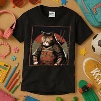 Japanese Art Cat Ninja Ukiyo-e Anime Style Samurai Cat Kids T-Shirt thumb 3
