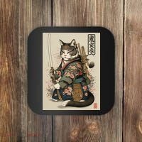 Japanese Art Cat Ninja Ukiyo-e Anime Style Samurai Cat Coaster thumb 0