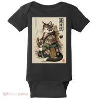 Japanese Art Cat Ninja Ukiyo-e Anime Style Samurai Cat Baby Bodysuit thumb 0