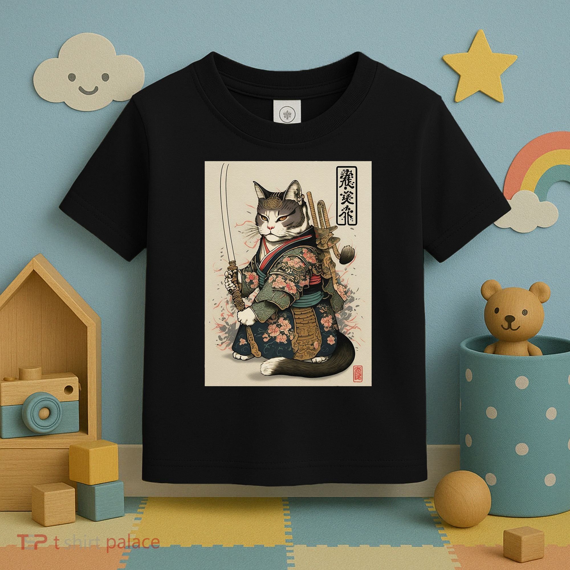 Japanese Art Cat Ninja Ukiyo-e Anime Style Samurai Cat Toddler T-Shirt