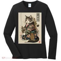 Japanese Art Cat Ninja Ukiyo-e Anime Style Samurai Cat Women's Long Sleeve Shirt thumb 0
