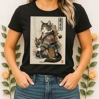 Japanese Art Cat Ninja Ukiyo-e Anime Style Samurai Cat Women's T-Shirt thumb 2